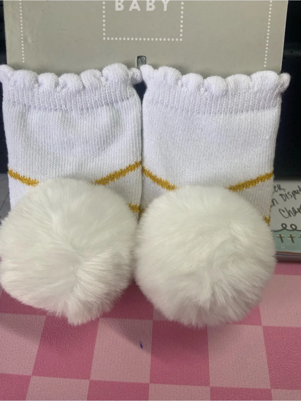 Plush Pom-Pom White Kids Socks with Gold Accent